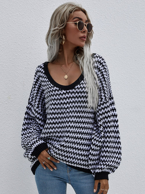 Striped Drop Shoulder V-Neck Pullover Sweater