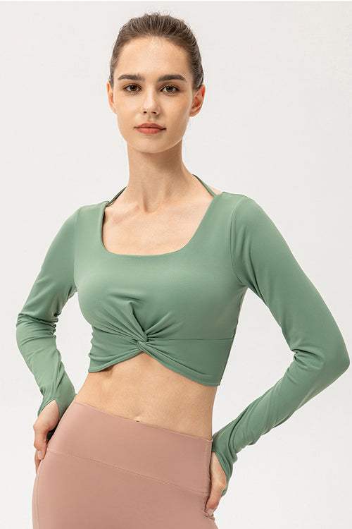 Twist Front Square Neck Long Sleeve Cropped Sports Top