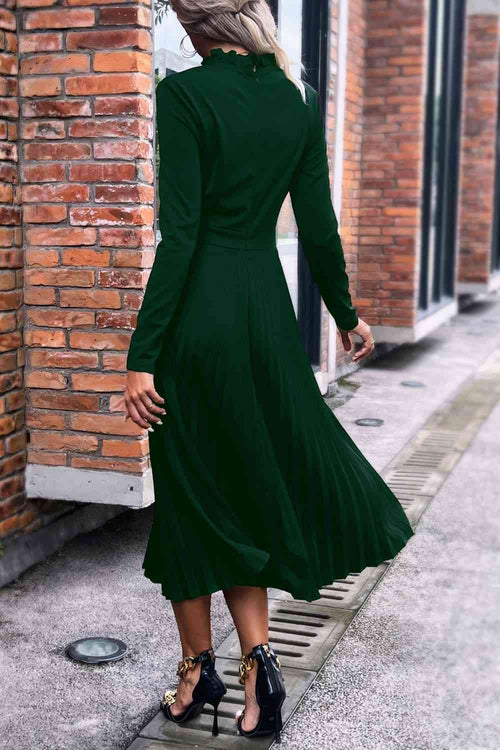 Ruffle Collar Pleated Long Sleeve Dress