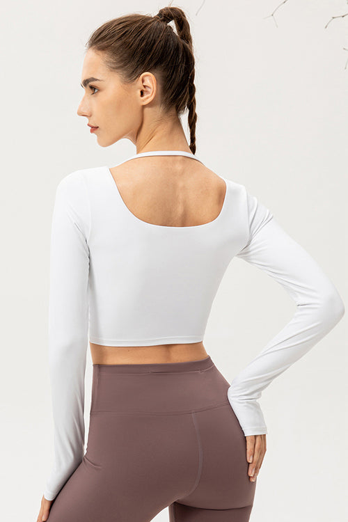 Twist Front Square Neck Long Sleeve Cropped Sports Top