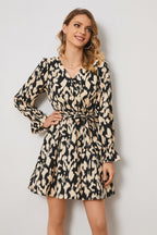 Animal Print Surplice Neck Long Flounce Sleeve Dress