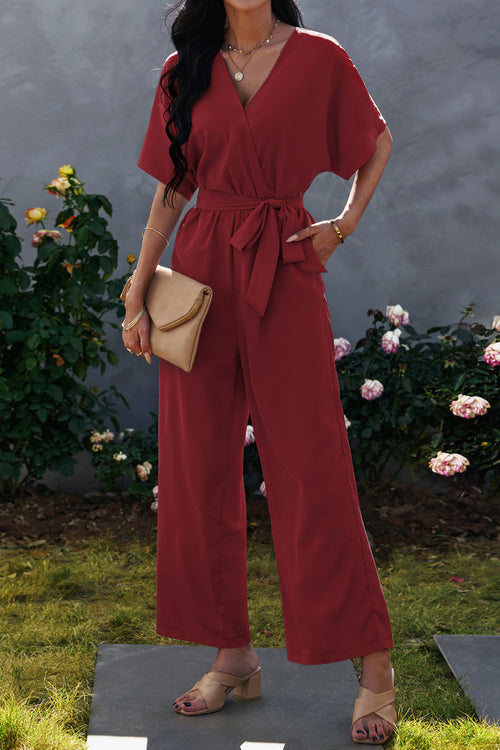 Tie-Waist Surplice Wide Leg Jumpsuit