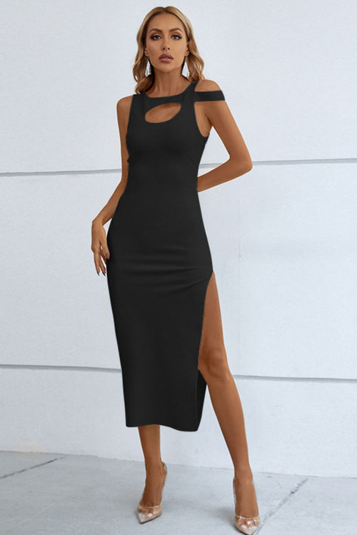 Cutout Round Neck Side Split Midi Bandage Dress