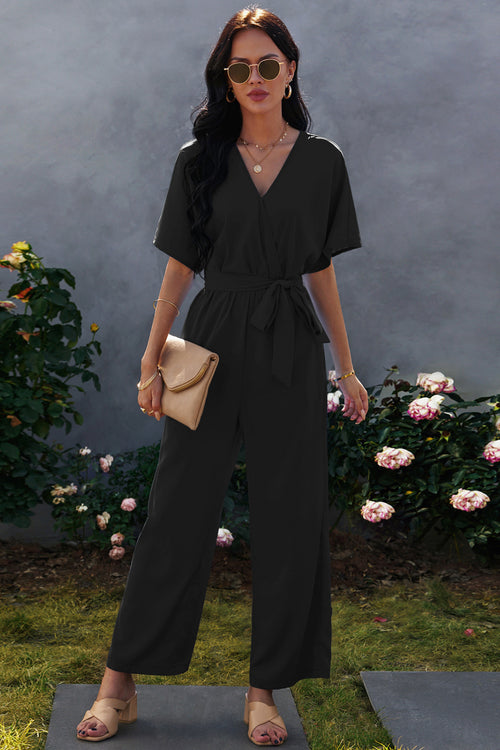 Tie-Waist Surplice Wide Leg Jumpsuit