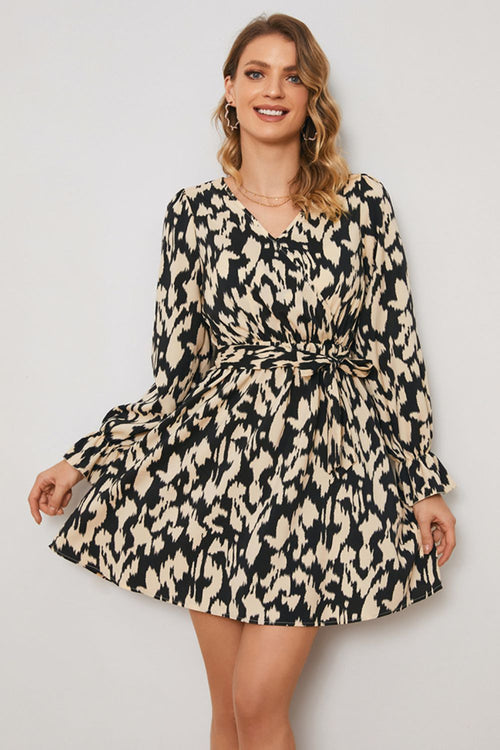 Animal Print Surplice Neck Long Flounce Sleeve Dress