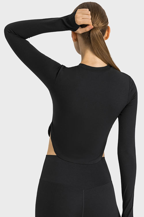 Side Slit Long Sleeve Round Neck Crop Top