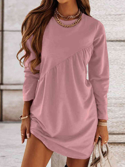 Ruched Round Neck Long Sleeve Dress