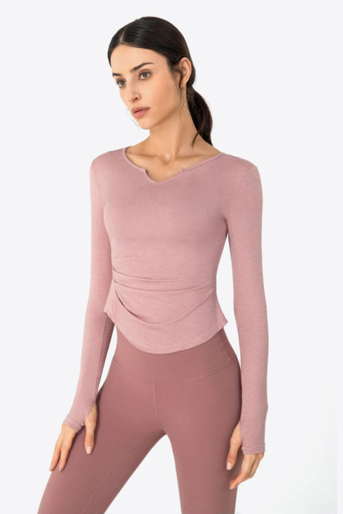 Thumbhole Long Sleeve Pleated Detail Notched Sports Top