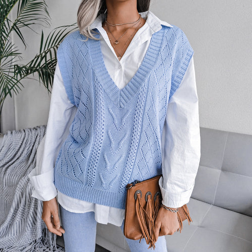 Openwork Ribbed Trim V-Neck Capped Sleeve Sweater Vest