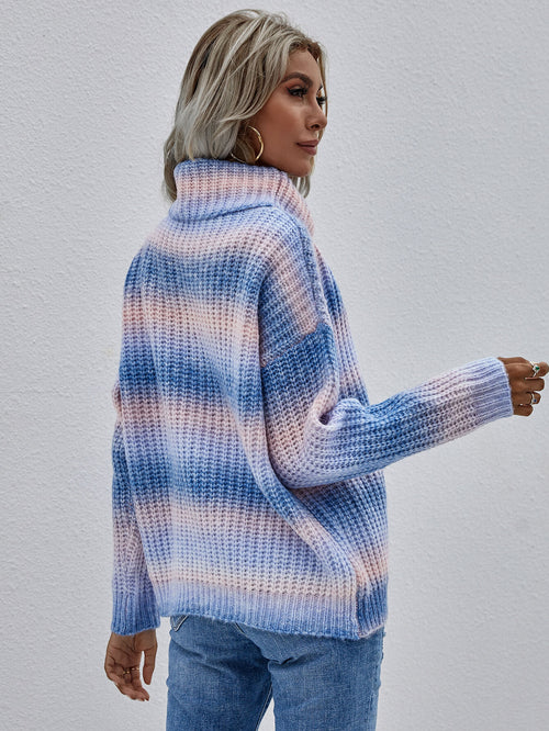 Rainbow Rib-Knit Turtleneck Drop Shoulder Sweater