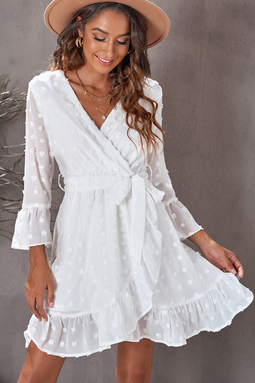 Swiss Dot Ruffled Tie-Waist Surplice Dress