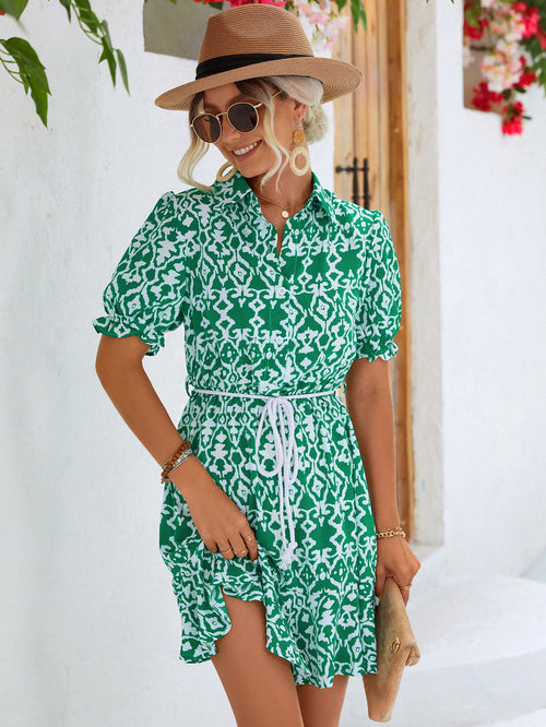 Printed Tie Waist Collared Flounce Sleeve Dress