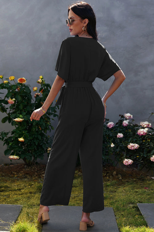 Tie-Waist Surplice Wide Leg Jumpsuit