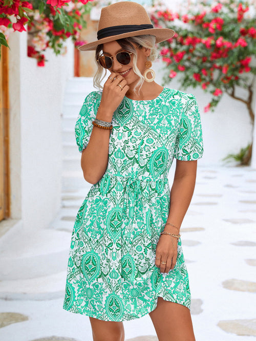 Printed Round Neck Puff Sleeve Mini Dress